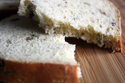 close up slice of loaded baked potato bread