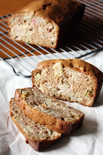 rhubarb apple bread on cooling rack