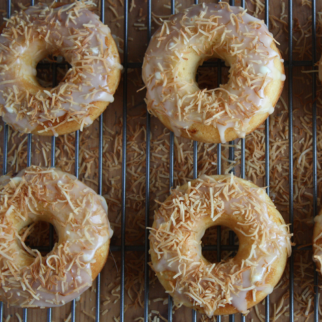 Peach Doughnuts with White Chocolate Glaze.