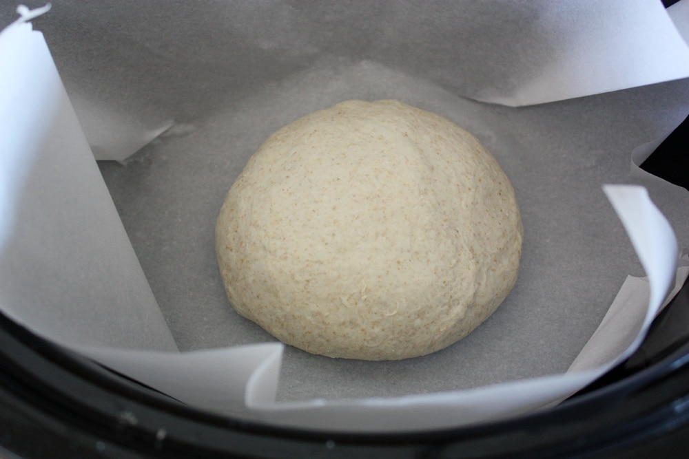 crockpot peasant bread dough ball in crockpot