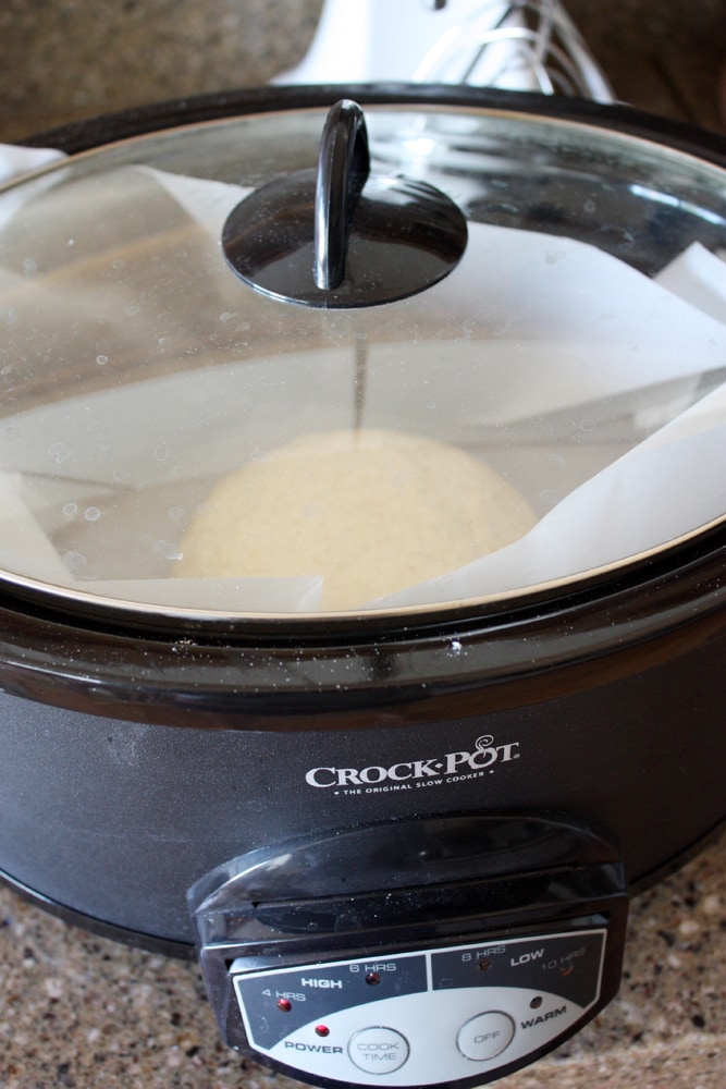 crockpot peasant bread inside crockpot