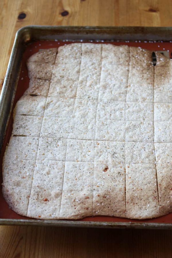 baked cracker dough on baking sheet.