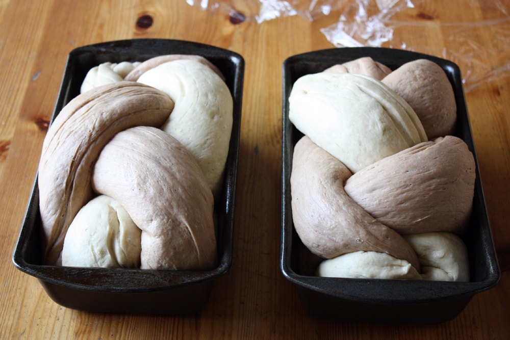 braided rye bread dough in loaf pans