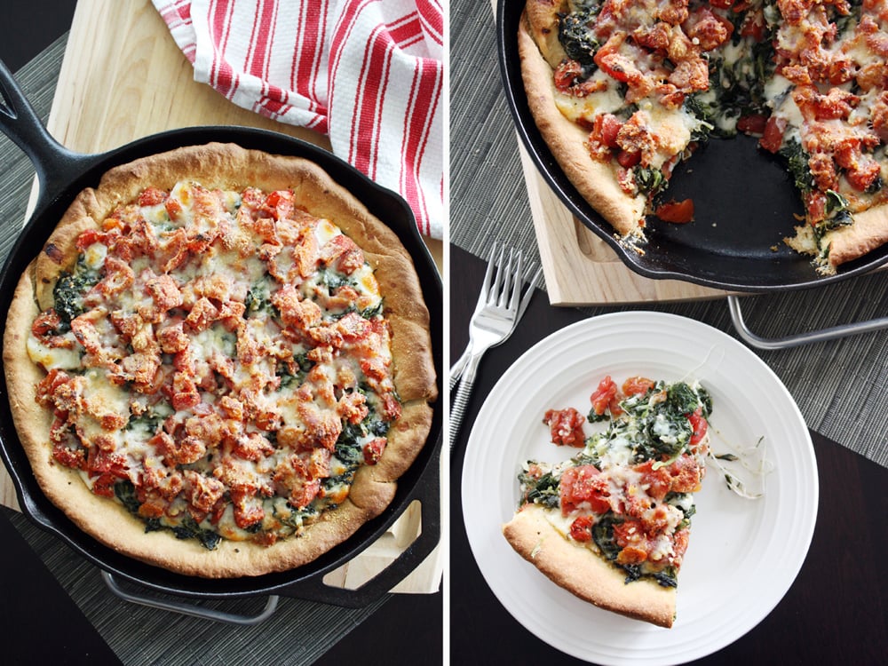 slice of deep dish spinach tomato pizza