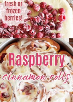 two photos of raspberry cinnamon rolls with text overlay.