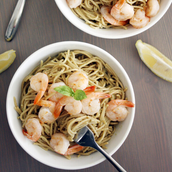 Creamy Avocado Pasta with Shrimp.