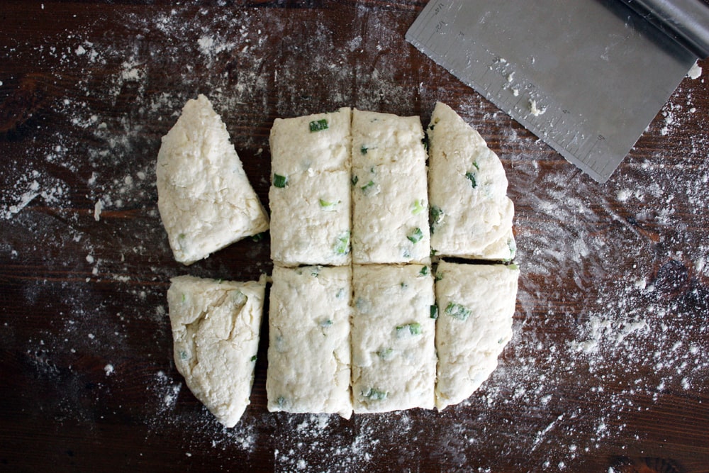 cutting dough into individual scones