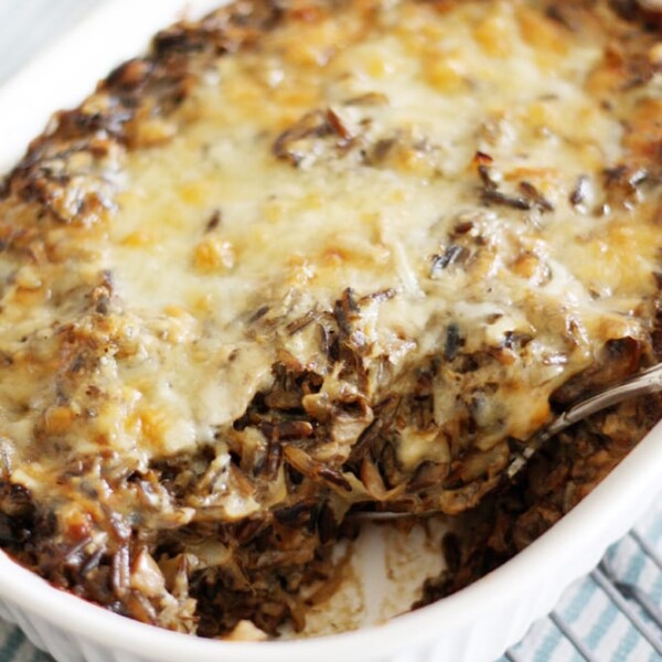mushroom wild rice casserole in baking dish.