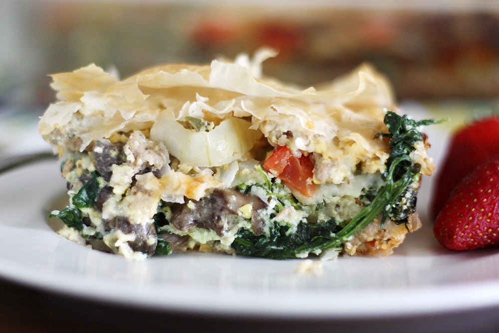 serving of phyllo egg brunch casserole on plate