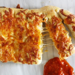 stuffed cheese bread with marinara sauce.