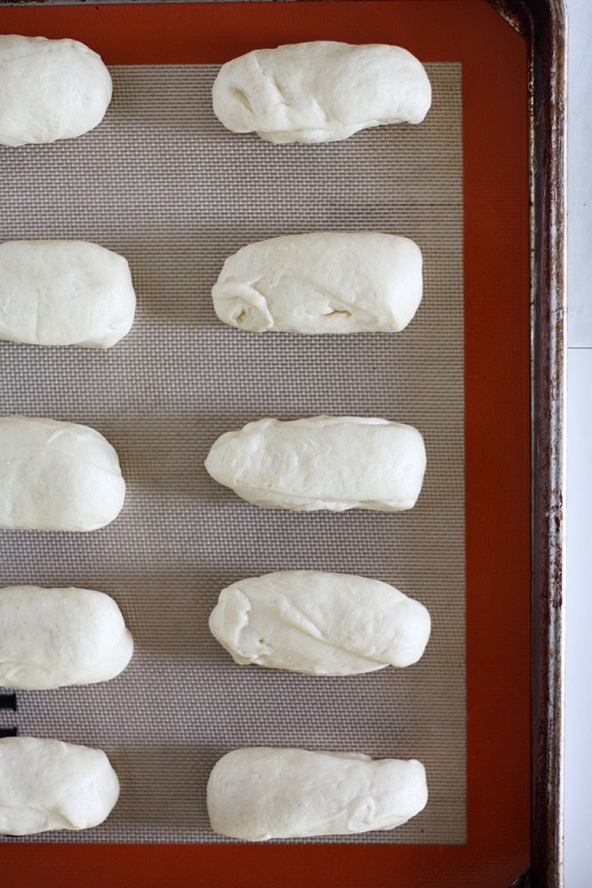 Chicago style hot dog bun dough on baking sheet