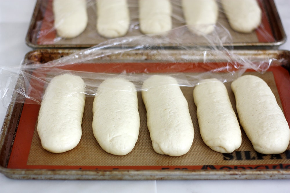 Chicago style hot dog bun dough on baking sheet