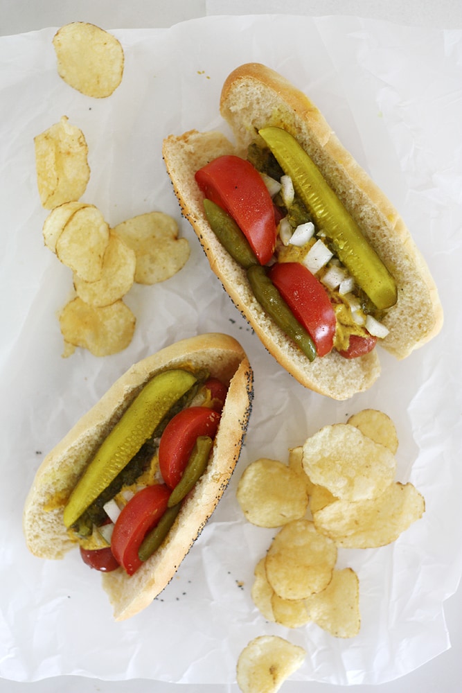 Chicago style hot dogs with chips