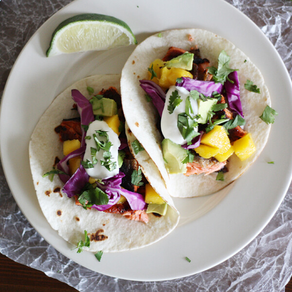 Blackened Salmon and Mango Tacos.