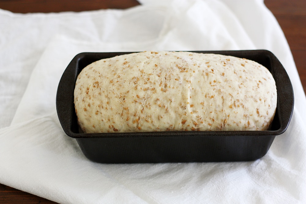 cracked wheat bread rising in loaf pan