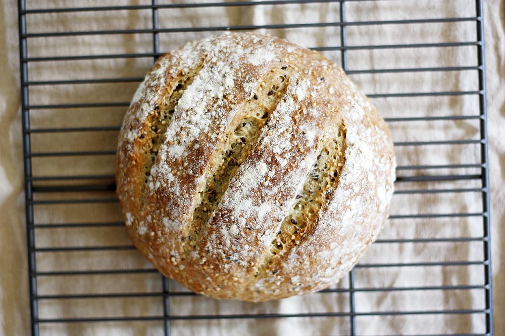 crusty no knead bread with toasted grains on cooling rock