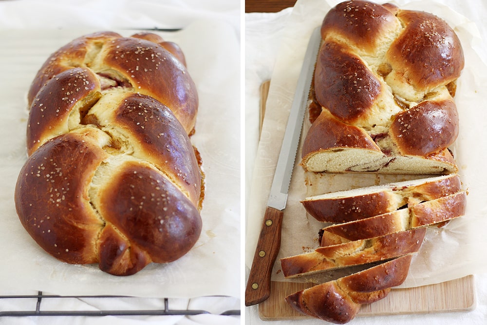 baked fig raspberry sea salt challah bread loaf