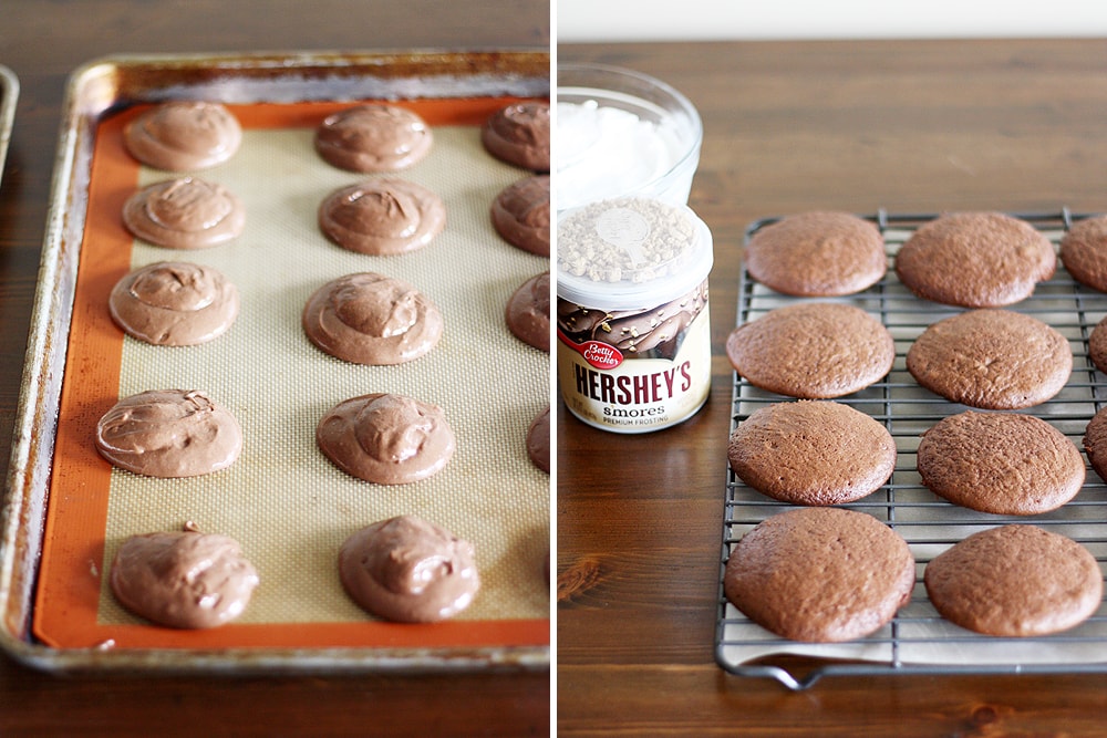 making s'mores whoopie pies on baking sheet