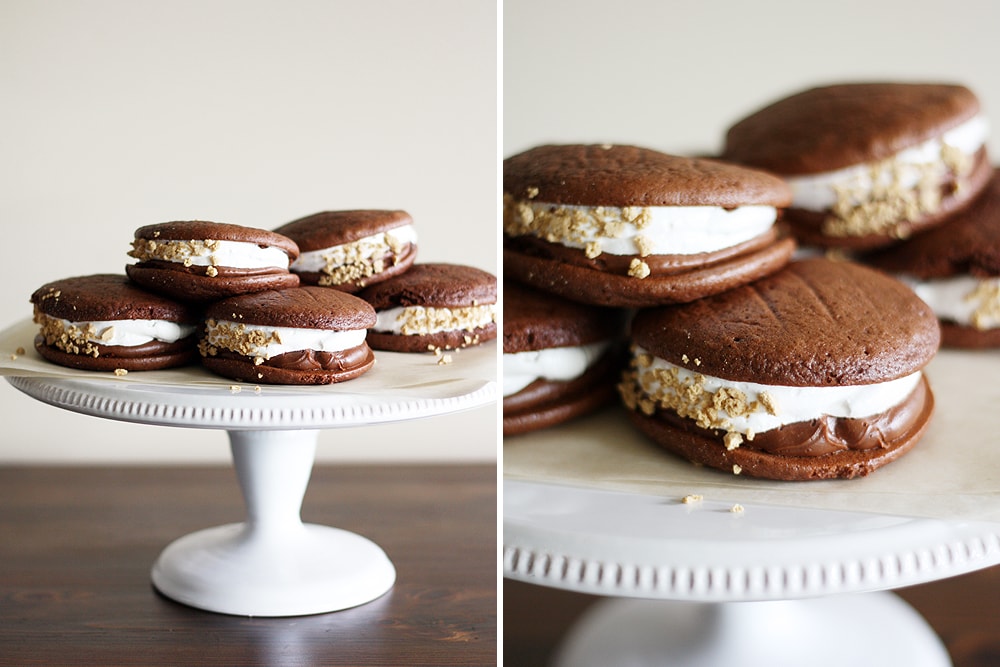 s'mores whoopie pies on cake stand