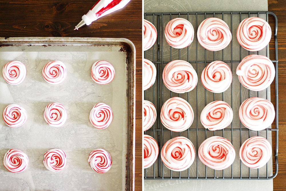 making the peppermint meringues on a baking sheet