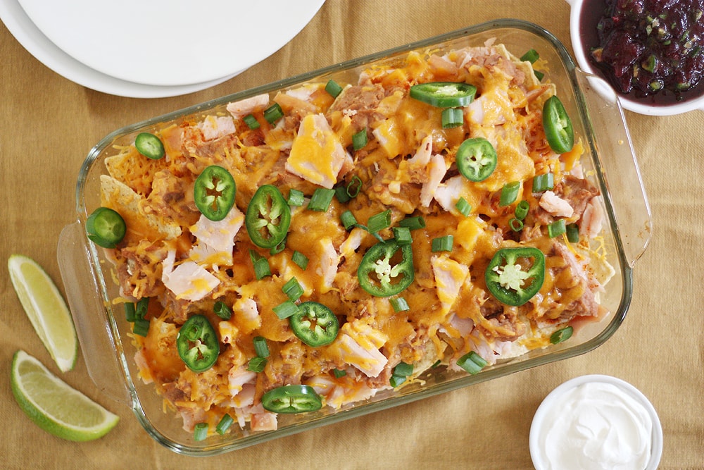 thanksgiving leftovers nachos in baking dish