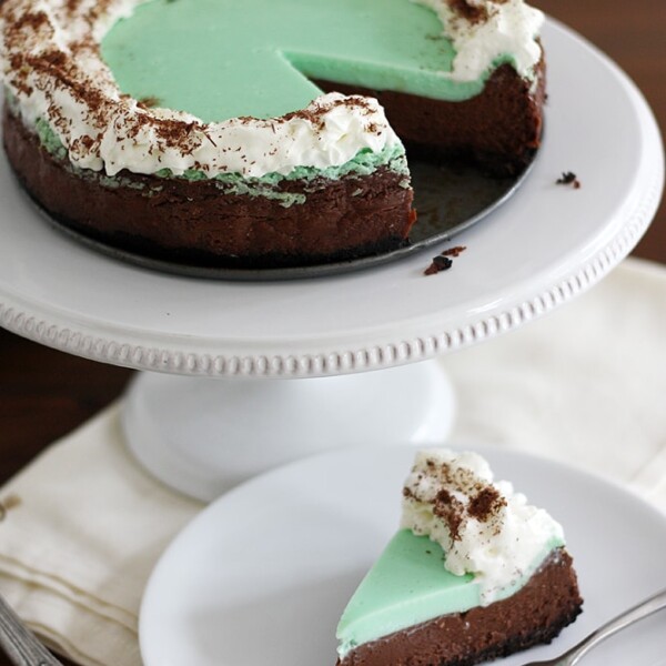 double chocolate mint cheesecake on cake stand.
