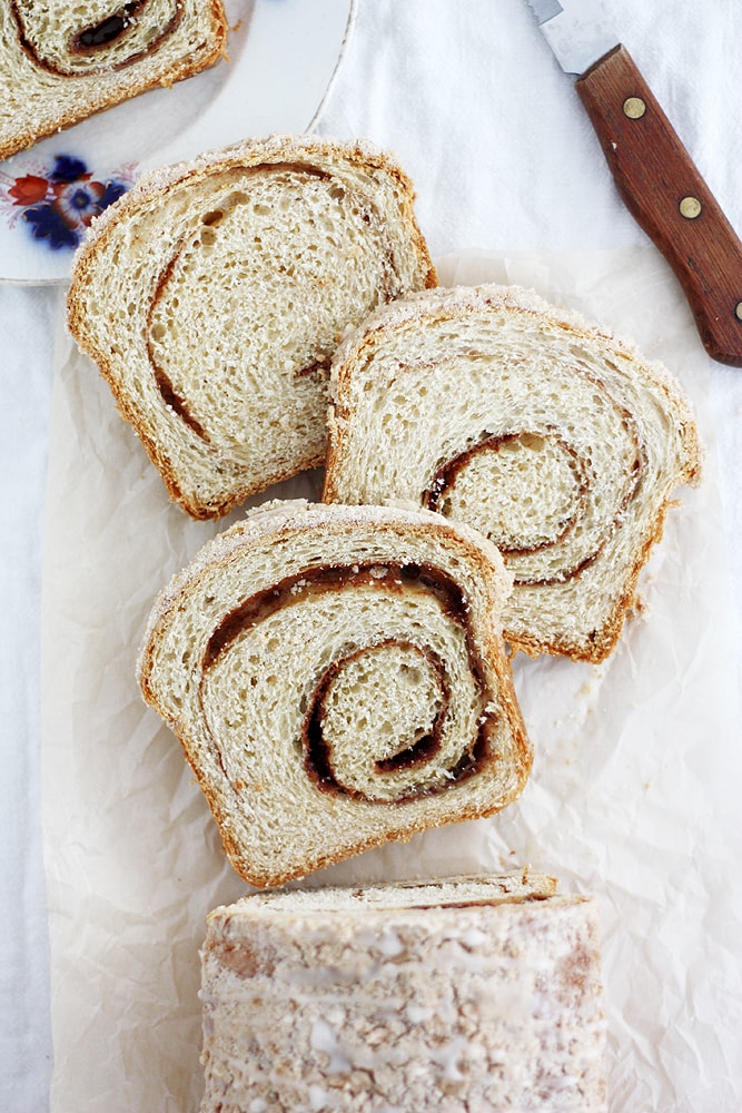 eggnog cinnamon swirl bread slices