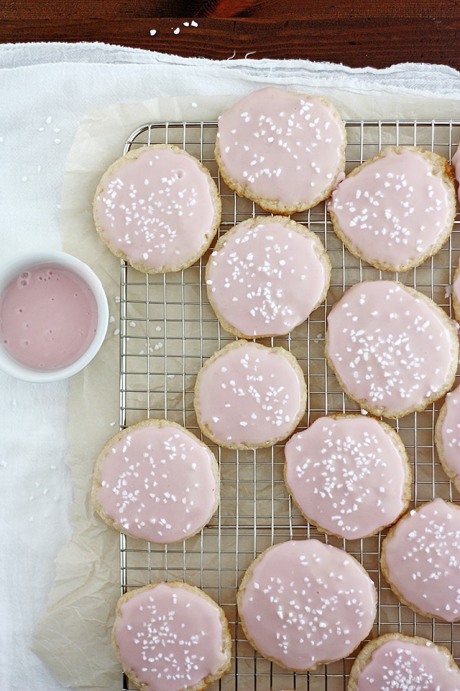 pink champagne cookies on cooling rack