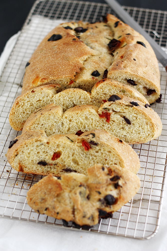 basil sun dried tomato bread on cooling rack