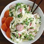 sugar snap pea salad in bowl.
