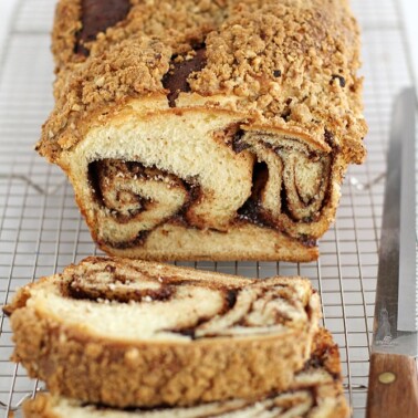 nutella babka on cooling rack.