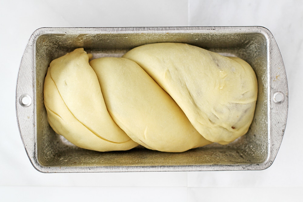 nutella babka in loaf pan ready to bake