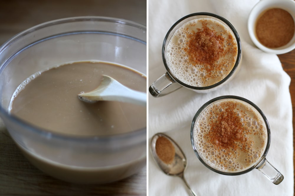 vanilla almond chai latte in glass mug