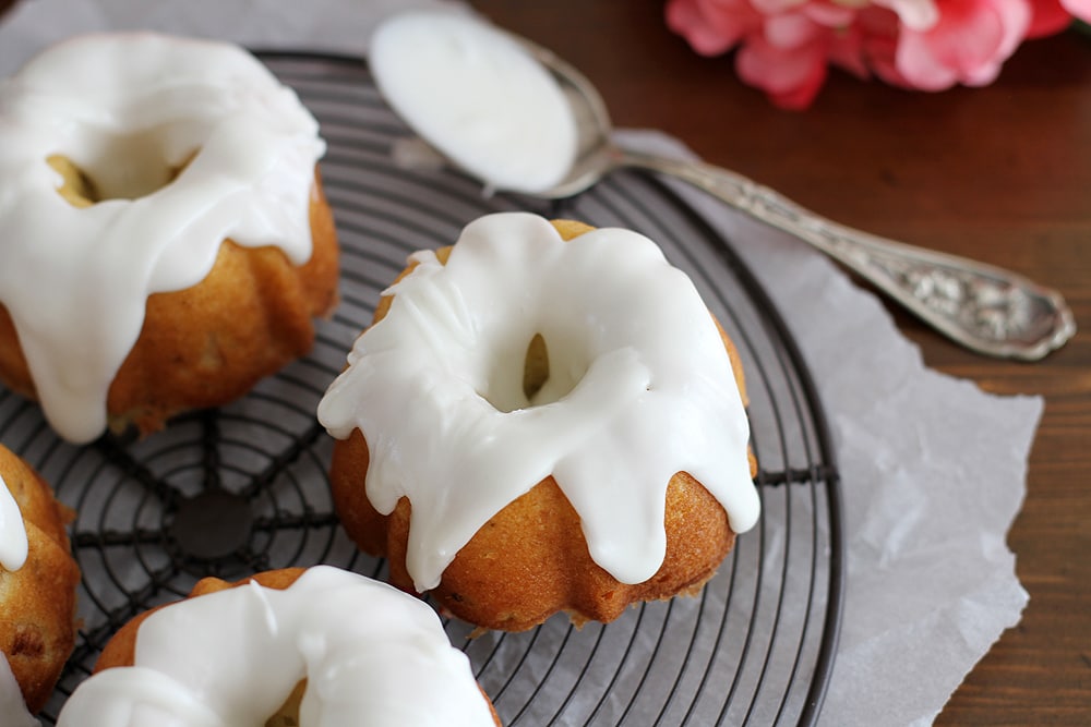 mini lemon rhubarb bundt cakes on cooling rack