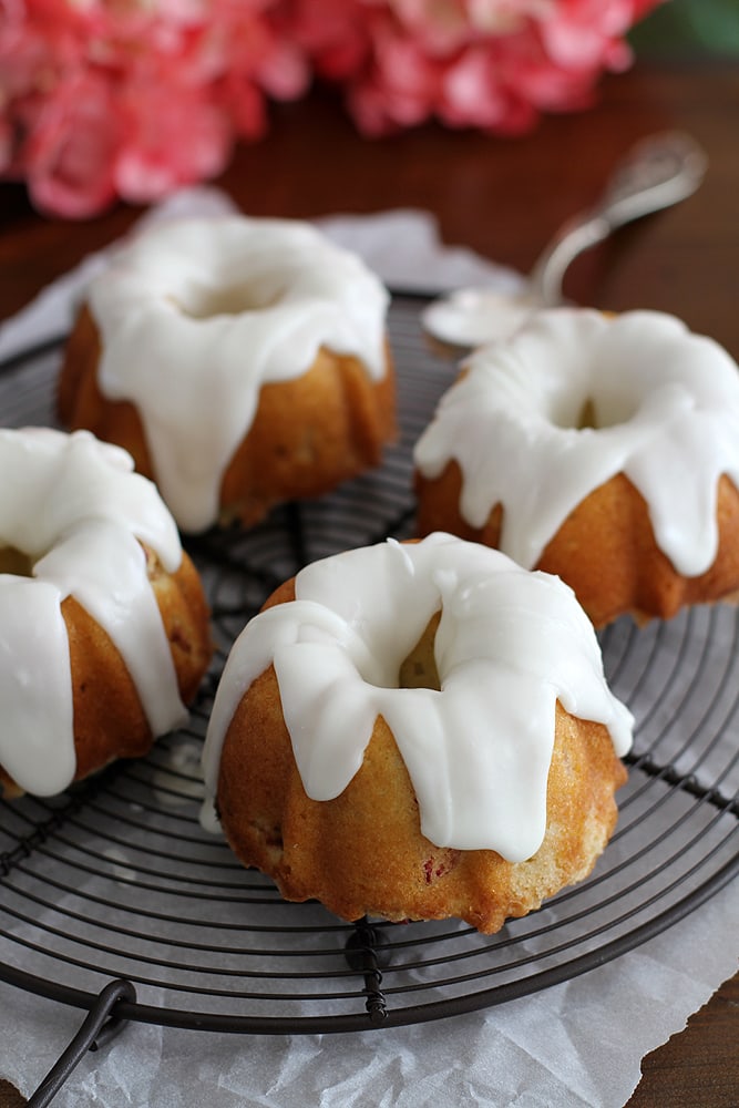 mini lemon rhubarb bundt cakes on cooling rack