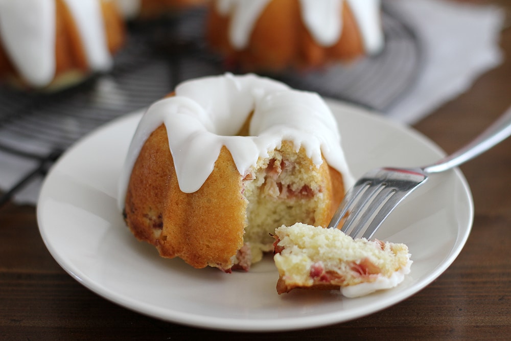 mini lemon rhubarb bundt cake on plate