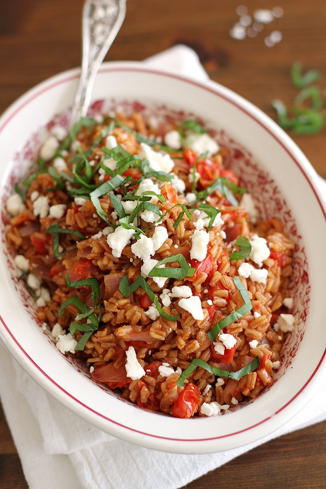 farro with tomatoes and feta in dish