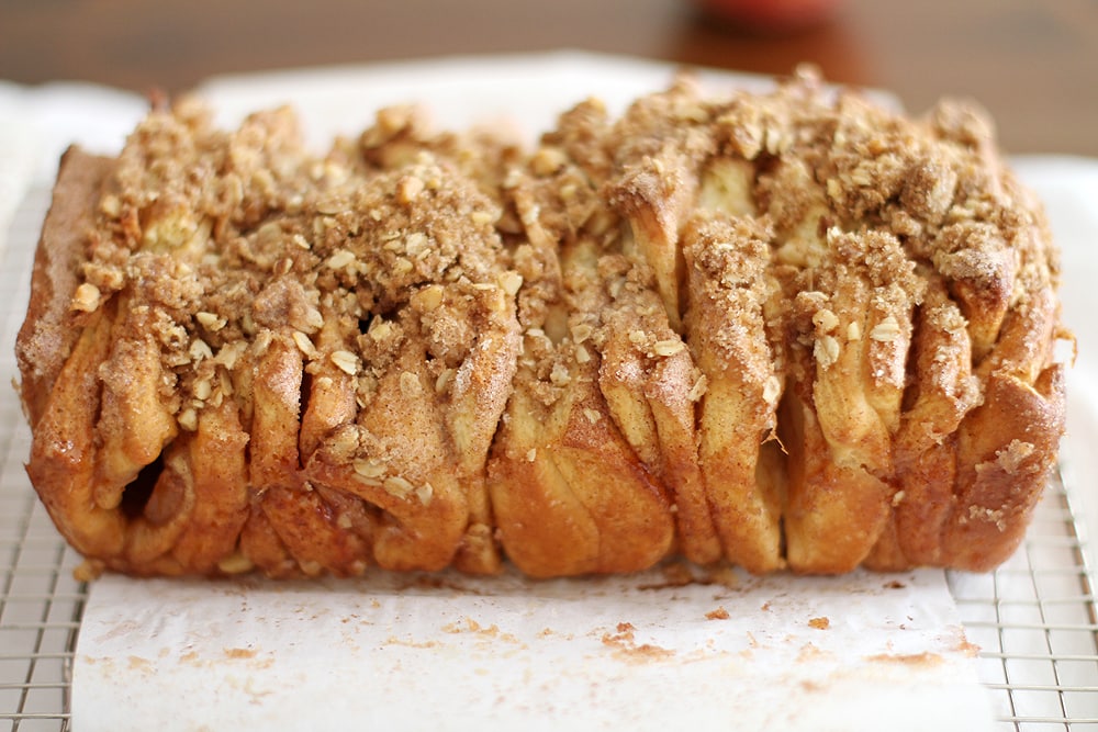 side view of apple cinnamon streusel pull apart bread