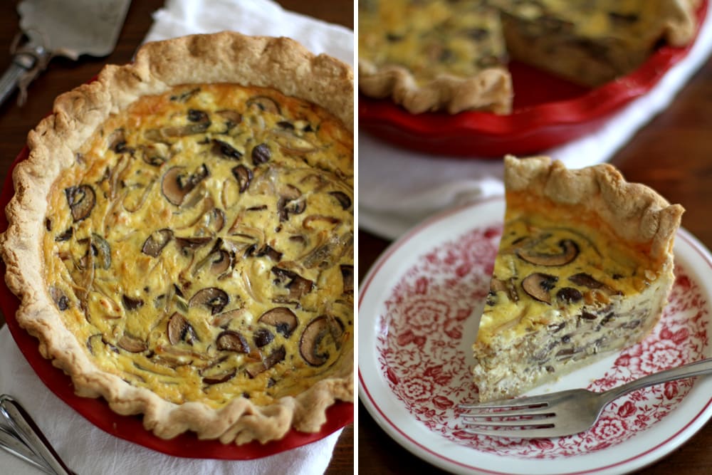 slice of shallot mushroom quiche on plate