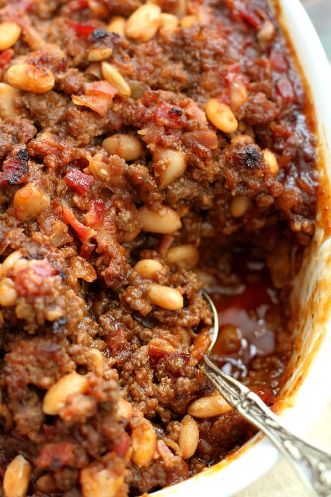 mom's baked bean casserole in dish