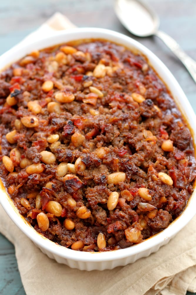 mom's baked bean casserole in a baking dish