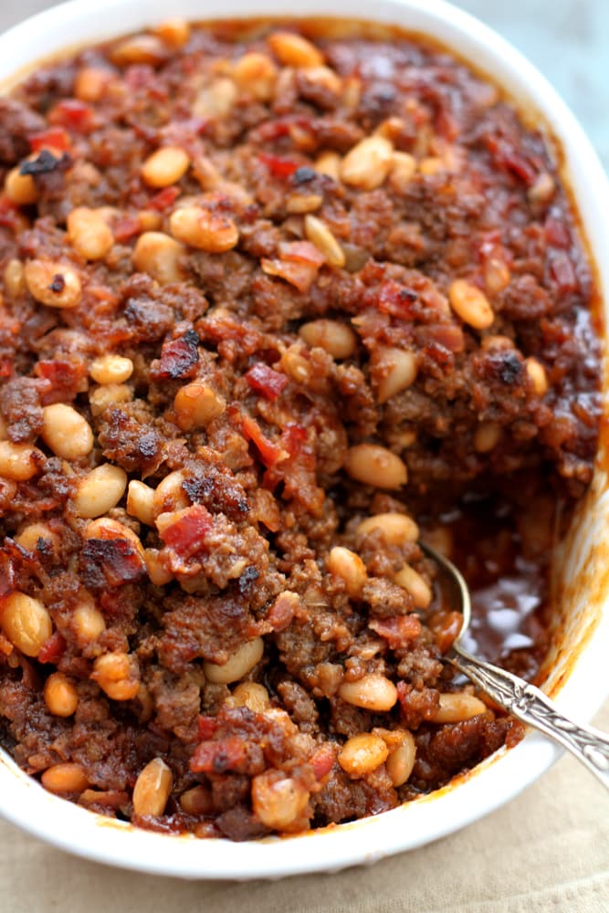 mom's baked bean casserole in a baking dish