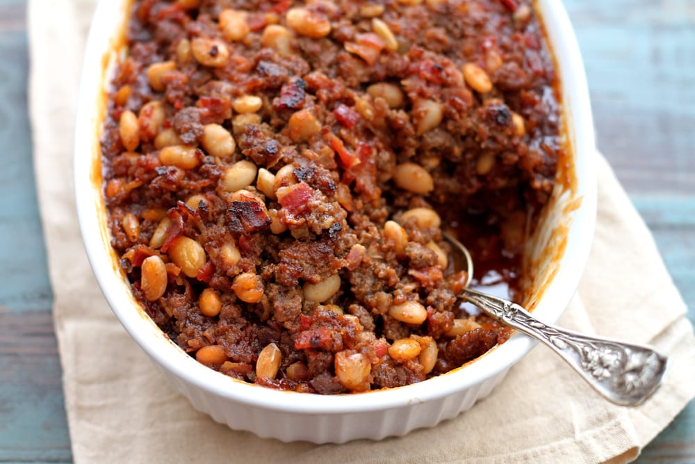 mom's baked bean casserole in a dish