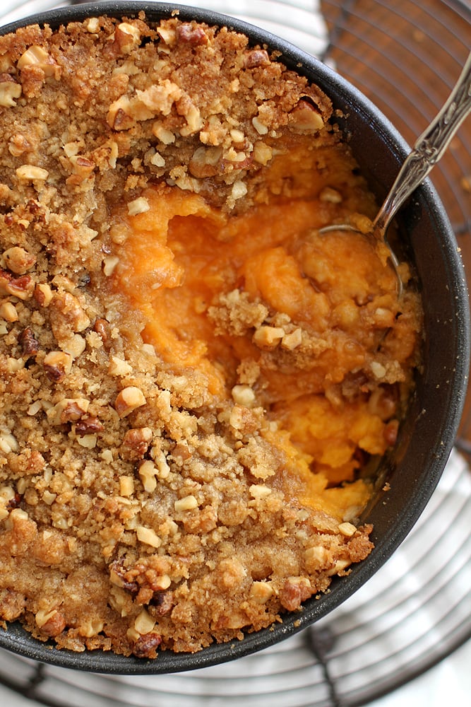 spoon in sweet potato casserole dish