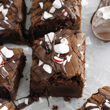 dark chocolate peppermint mocha brownies on parchment paper.