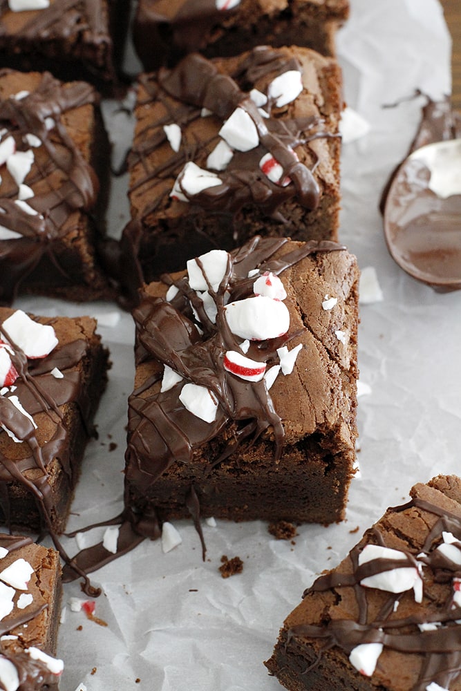 dark chocolate peppermint mocha brownies on parchment paper