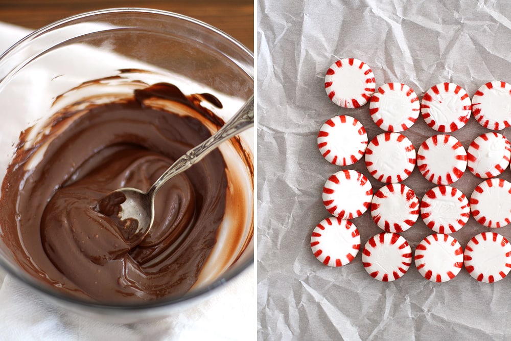 mixing chocolate in a bowl and peppermint candies on table