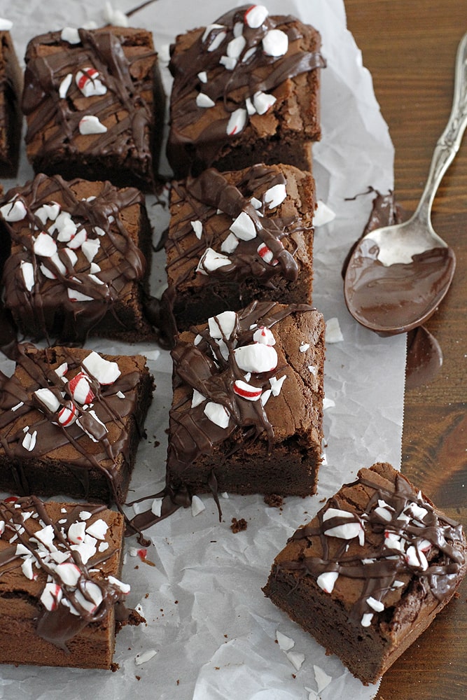 dark chocolate peppermint mocha brownies on parchment paper