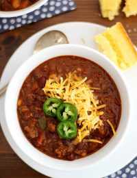 bowl of dad's beef and red wine chili on a table