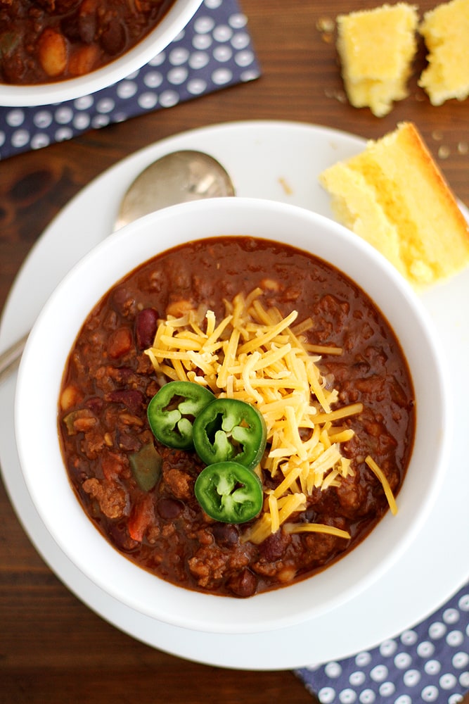 bowl of dad's beef and red wine chili on a table